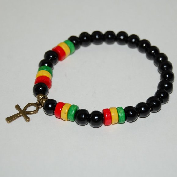 Ankh Cross Bracelet,Rasta Bracelet,Ankh Cross Rasta Bracelet,Wood Bracelet - Picture 3 of 3